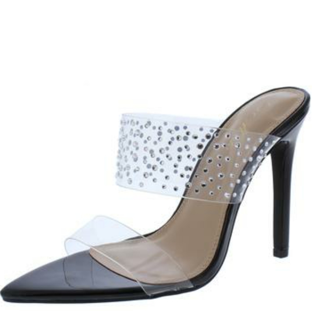 Black Clear Lucite Rhinestone Mule Heels | Pointed Toe Stiletto Sexy Transparent